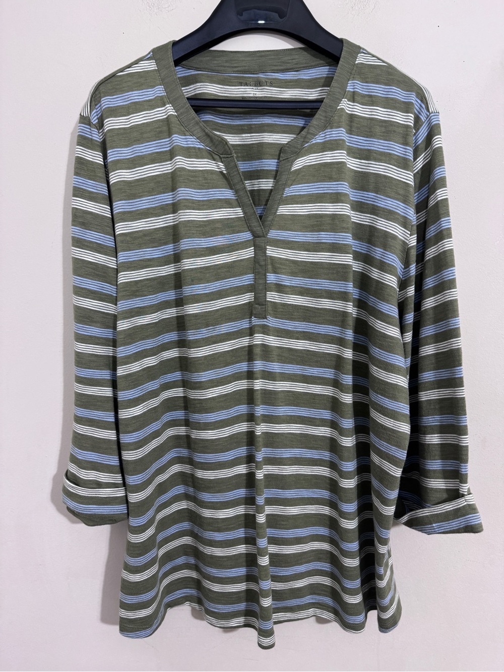 Talbots Cotton Modal Striped Tunic 3/4 Sleeves Olive White size 3X Casual Comfy